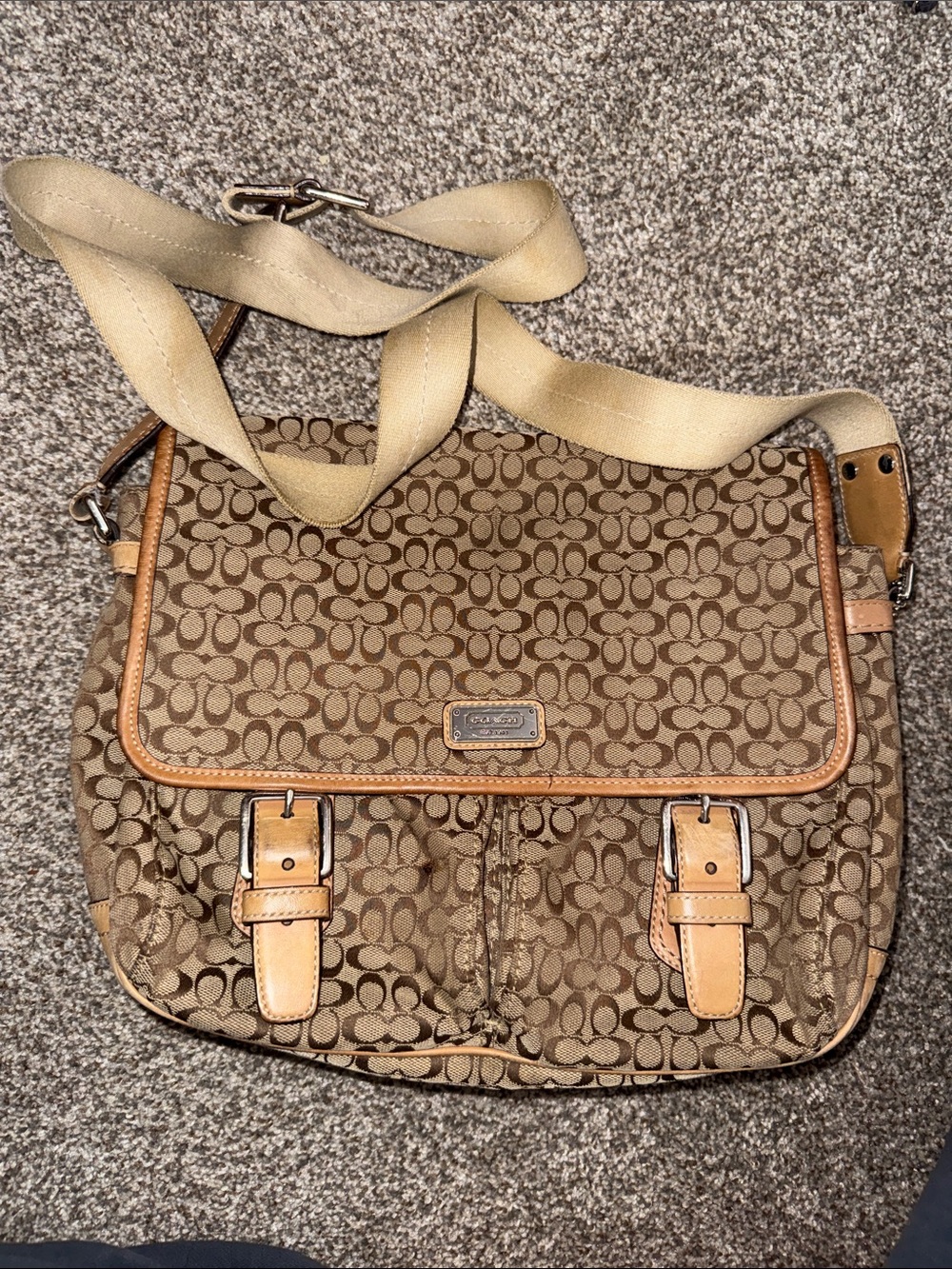 Coach Brown Signature Canvas Crossbody Bag with Tan Trim